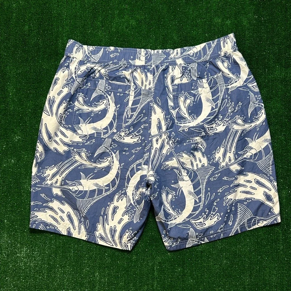 LL Bean Swim Trunks Mens L Blue Marlin Fish Print Mesh Lined Board Shorts 286405